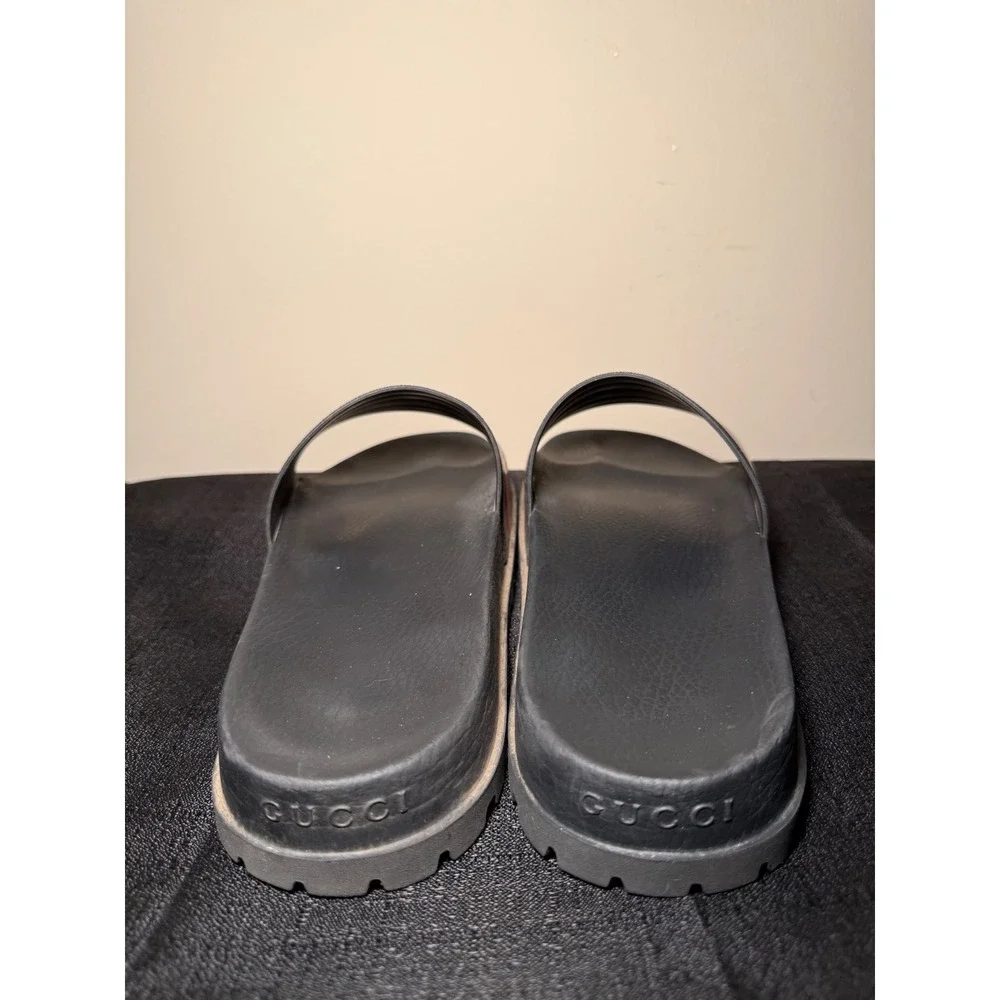 Gucci Mens Web Stripe Rubber Slide Sandals Black Lug Sole Made in Italy